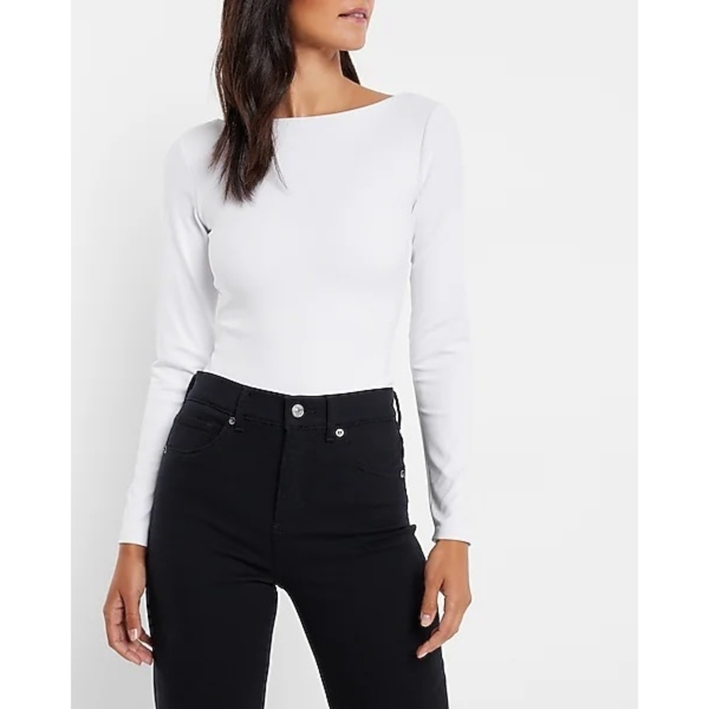 Express Body Contour Long Sleeve Scoop Back Bodysuit - White - XL